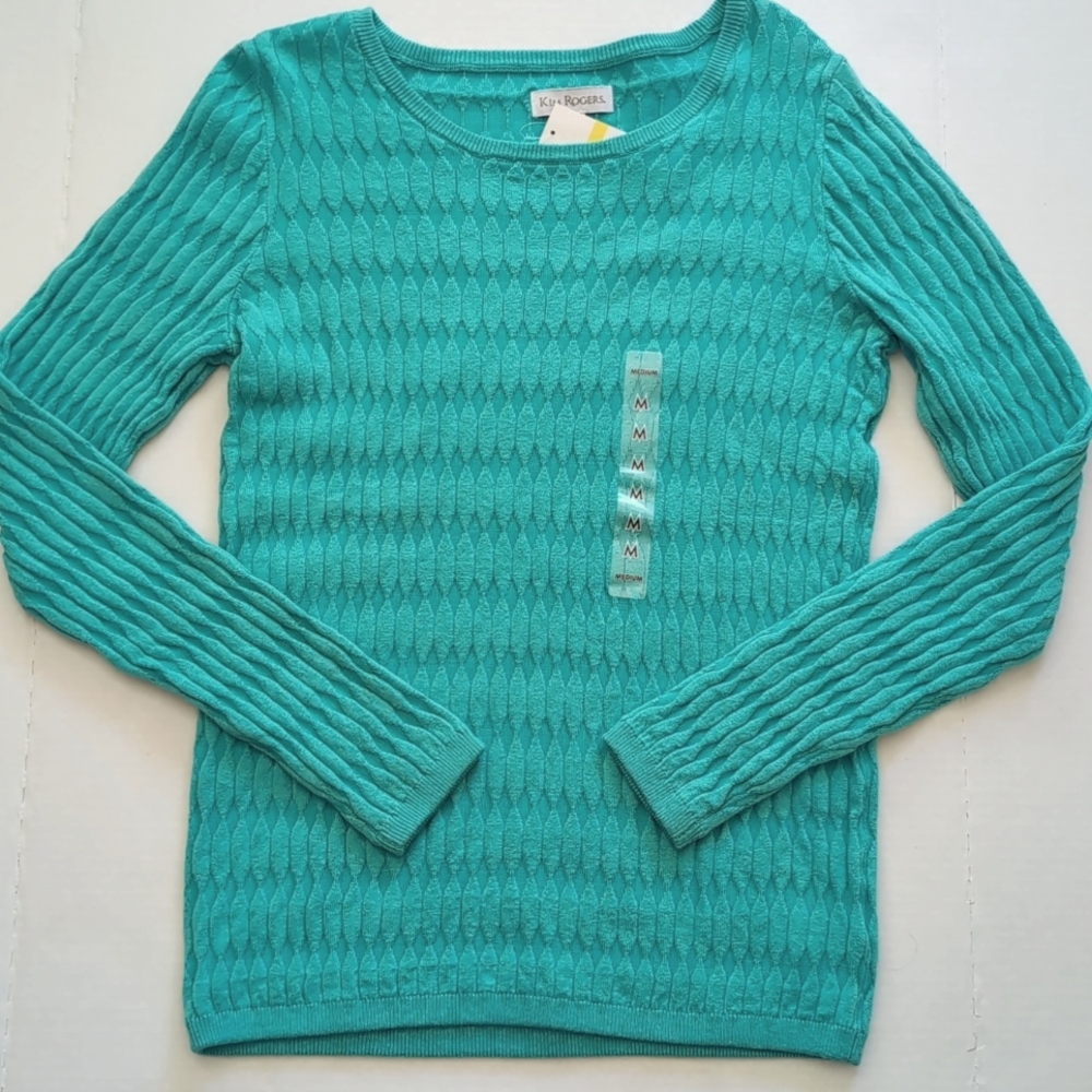 Kim Rogers Crewneck Long Sleeve Textured Sweater. Turquoise .Size M